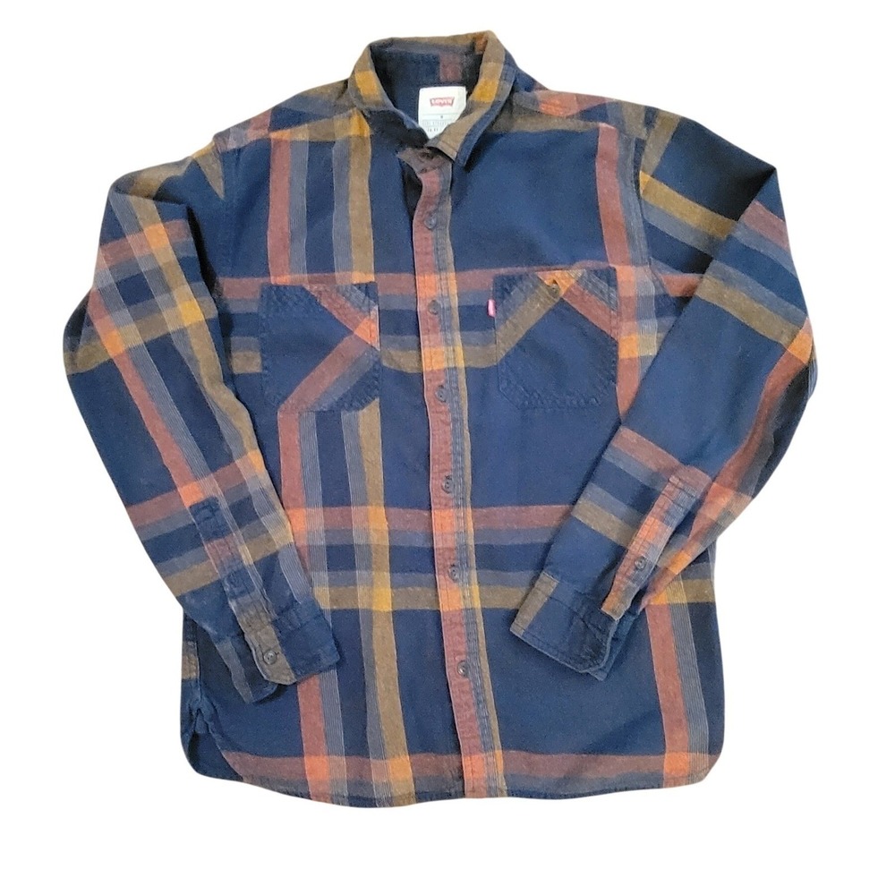 Levis Mens Plaid Flannel Button Down Shirt Navy Blue Orange Gold Size M